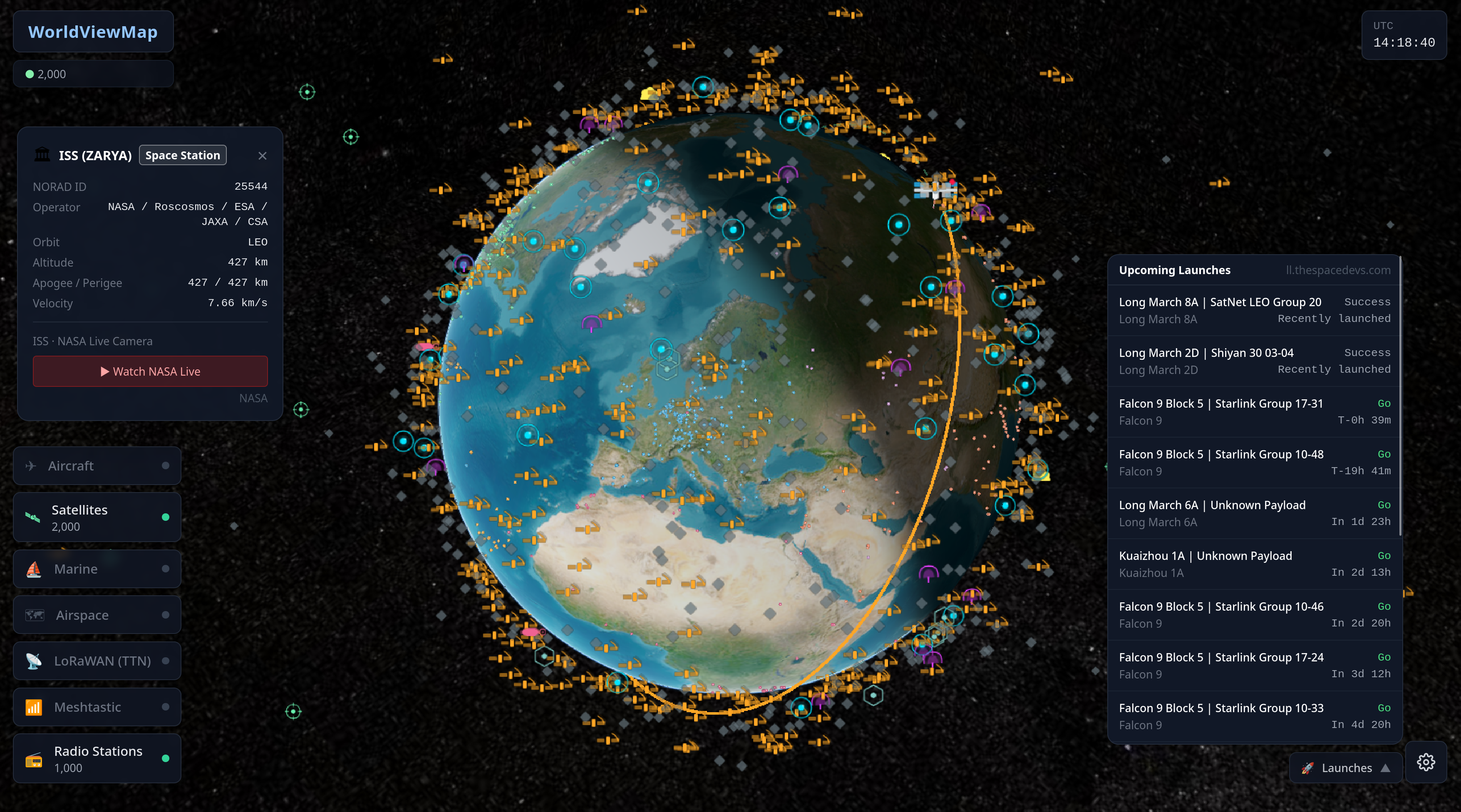 WorldViewMap OSINT tracking tool showing satellites, aircraft, marine traffic and more